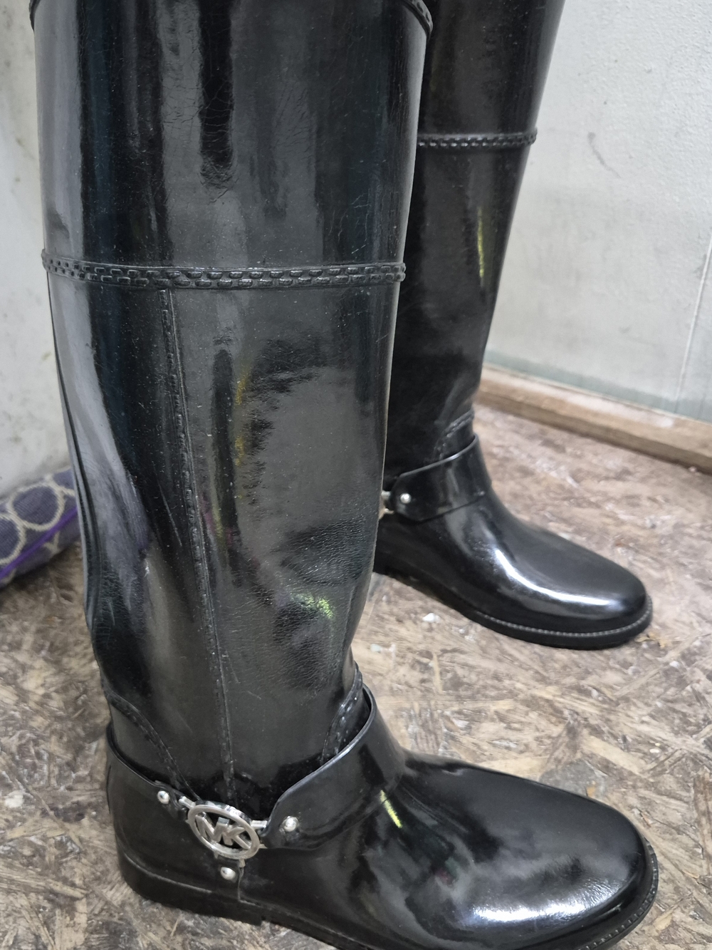 Michael Kors Black Patent Tall Riding Boots with MK Harness